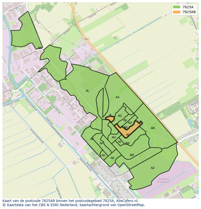 Afbeelding van het postcodegebied 7825 AB op de kaart.