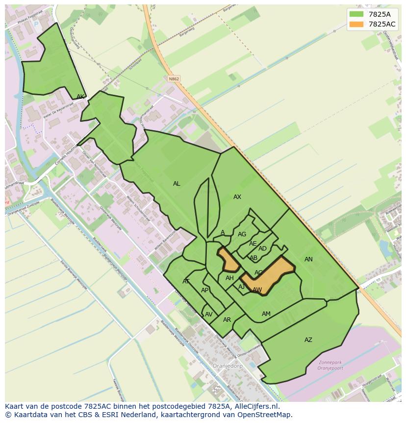 Afbeelding van het postcodegebied 7825 AC op de kaart.