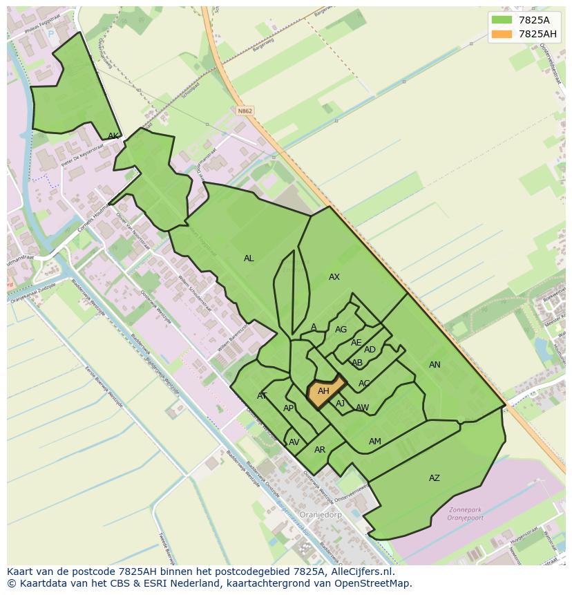 Afbeelding van het postcodegebied 7825 AH op de kaart.