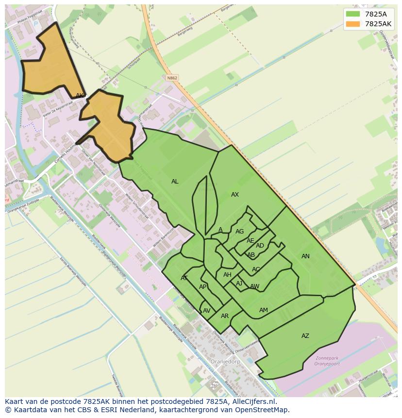 Afbeelding van het postcodegebied 7825 AK op de kaart.