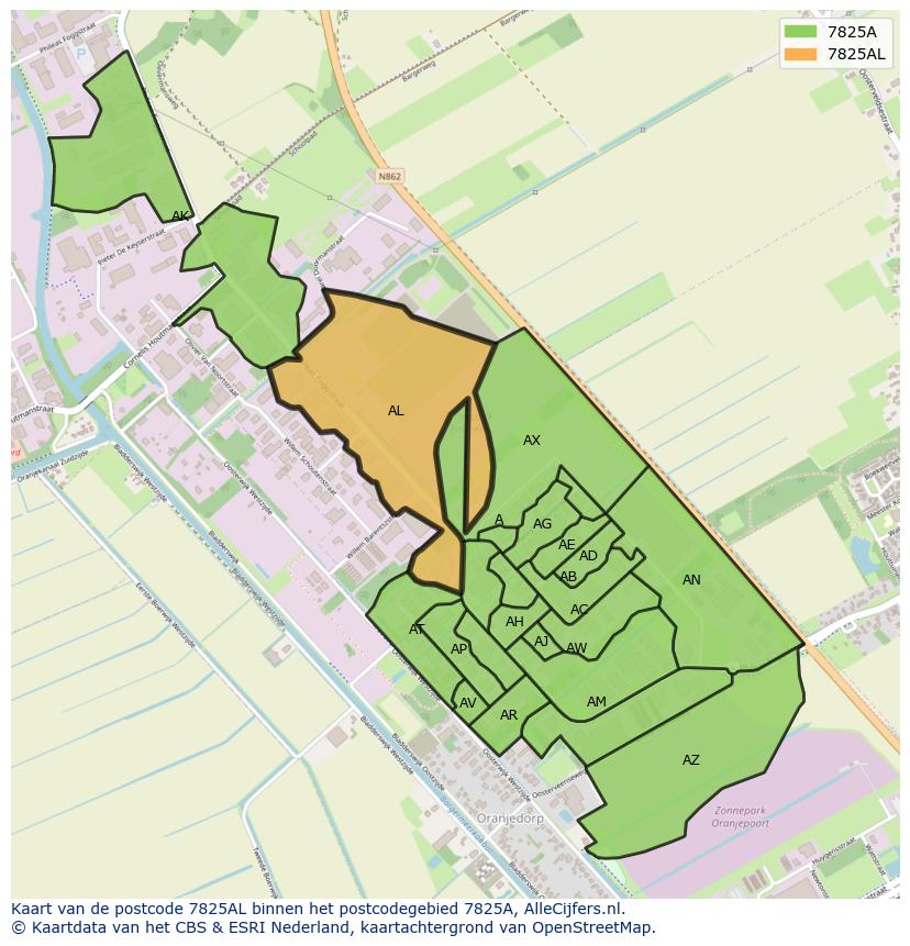 Afbeelding van het postcodegebied 7825 AL op de kaart.