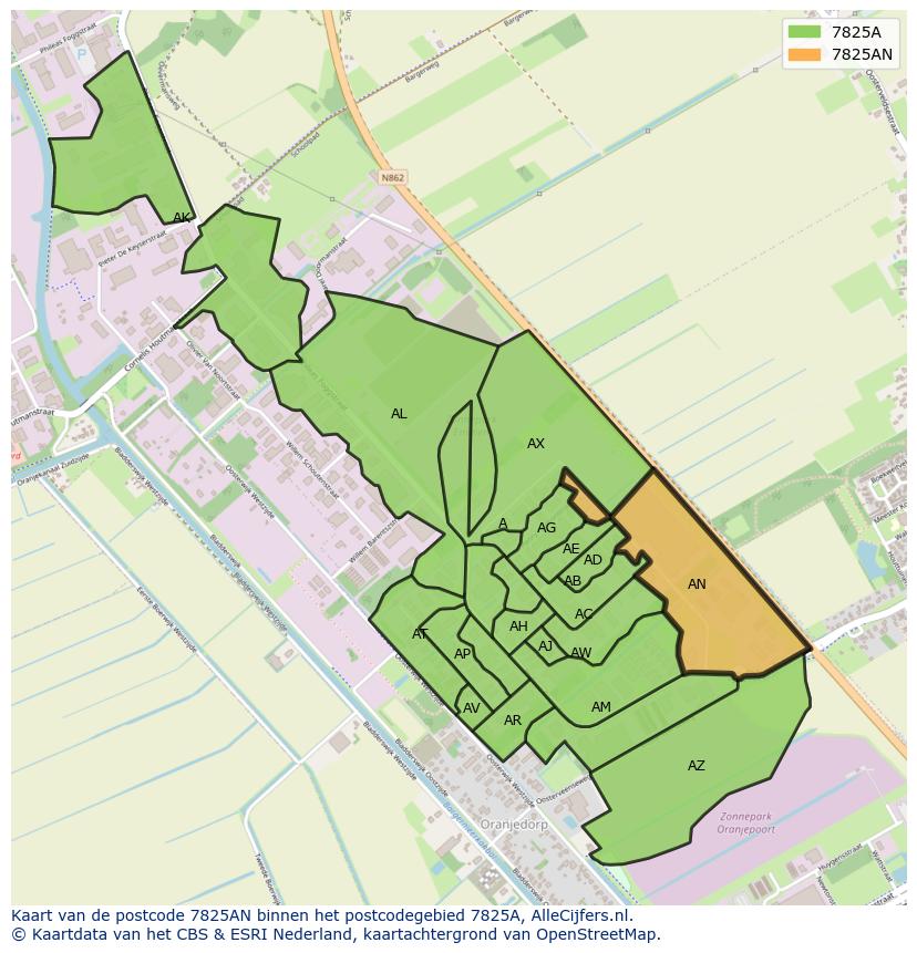 Afbeelding van het postcodegebied 7825 AN op de kaart.