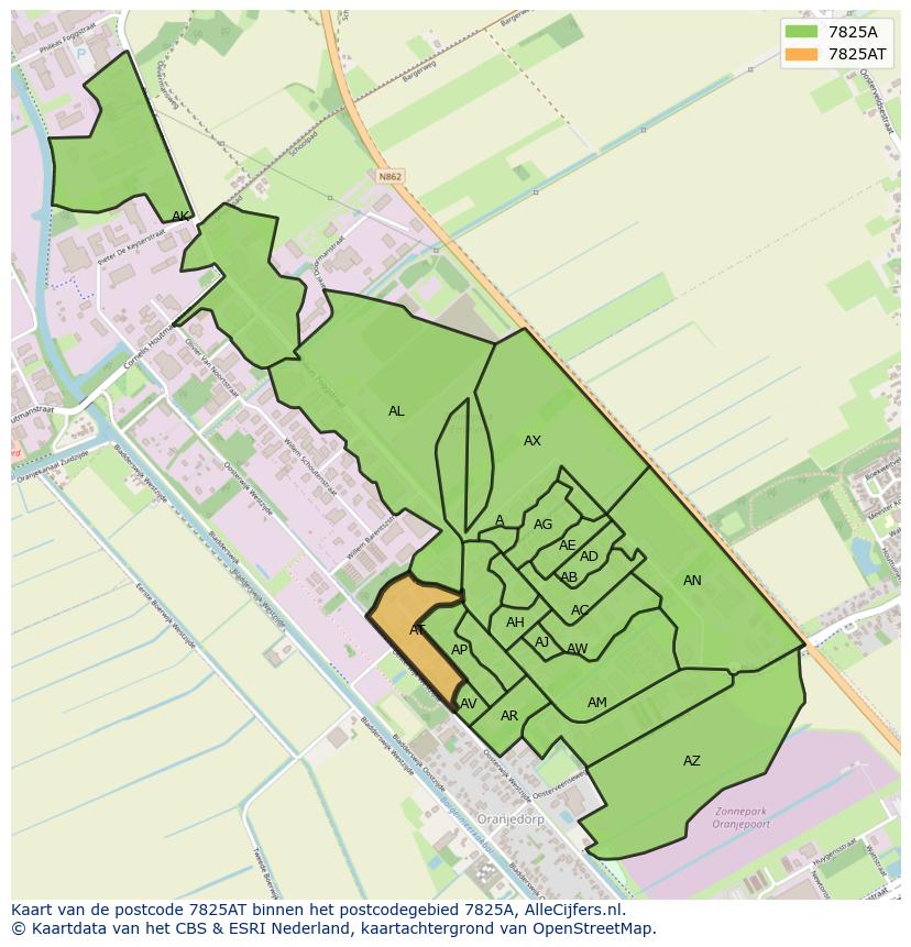 Afbeelding van het postcodegebied 7825 AT op de kaart.