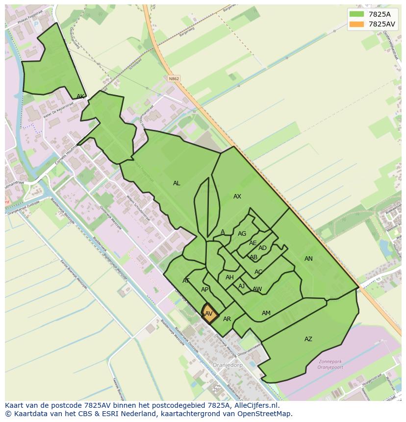 Afbeelding van het postcodegebied 7825 AV op de kaart.