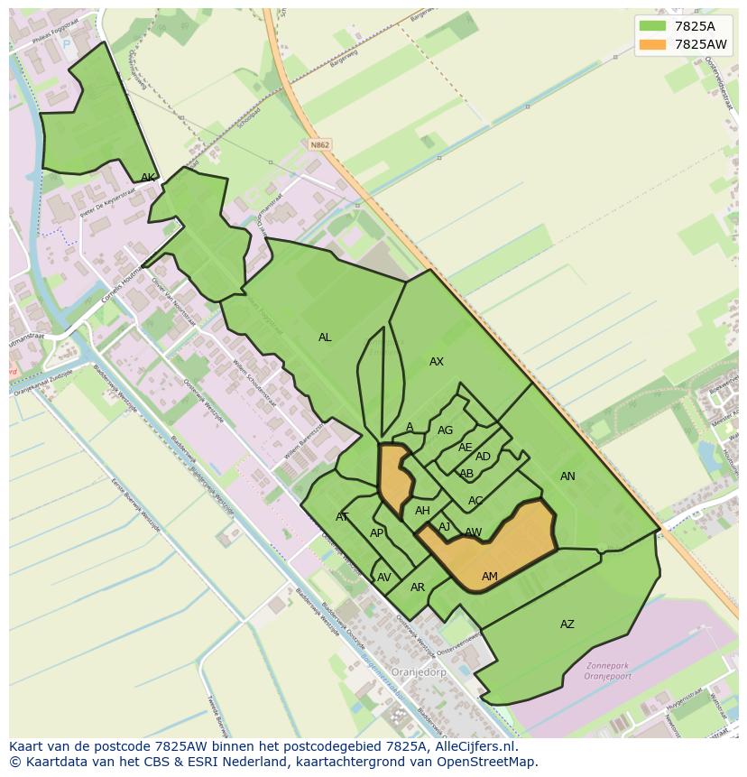 Afbeelding van het postcodegebied 7825 AW op de kaart.