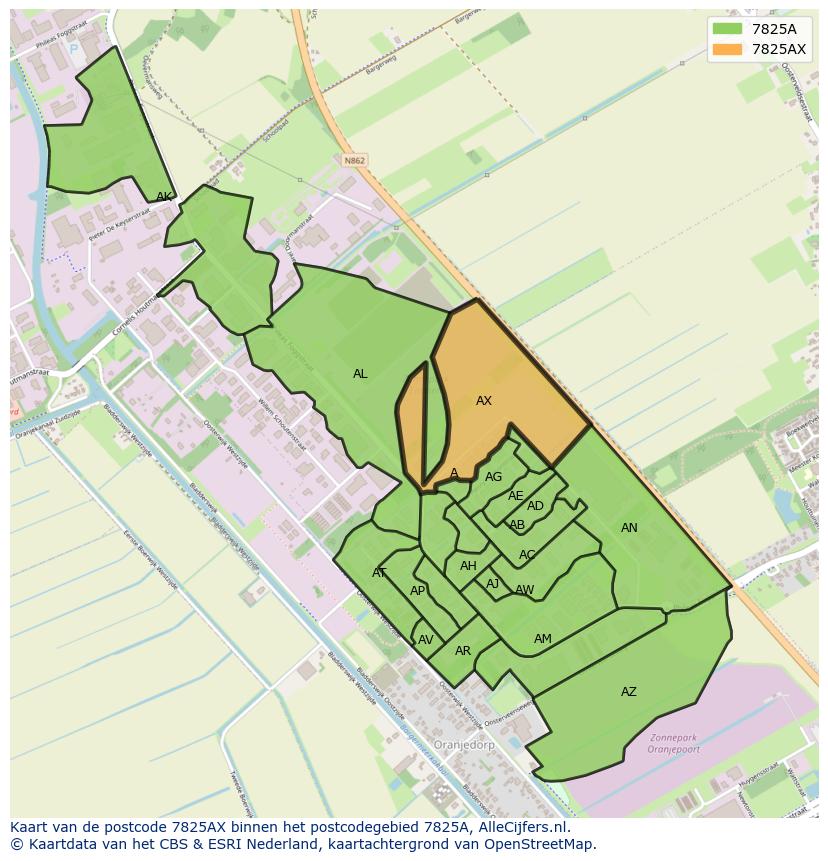 Afbeelding van het postcodegebied 7825 AX op de kaart.