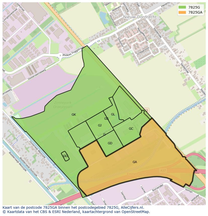 Afbeelding van het postcodegebied 7825 GA op de kaart.