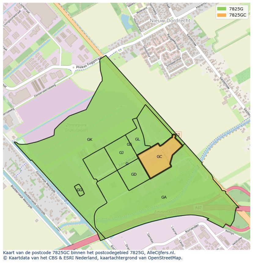 Afbeelding van het postcodegebied 7825 GC op de kaart.