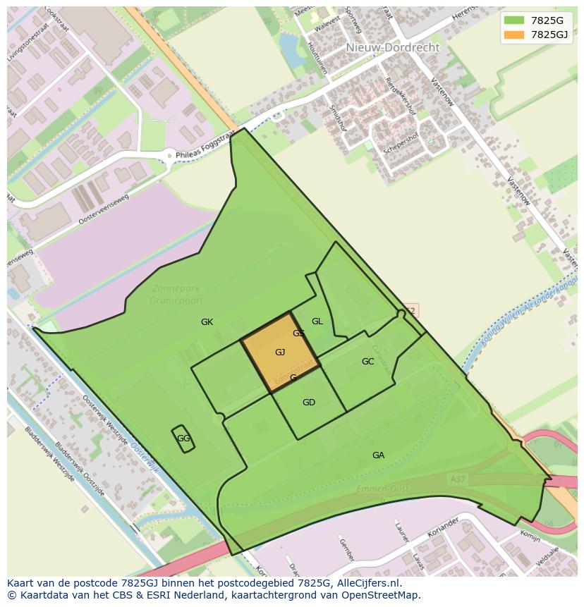 Afbeelding van het postcodegebied 7825 GJ op de kaart.