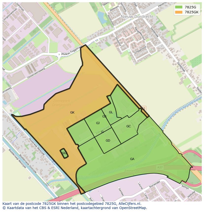 Afbeelding van het postcodegebied 7825 GK op de kaart.