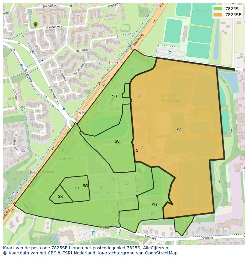 Afbeelding van het postcodegebied 7825 SE op de kaart.