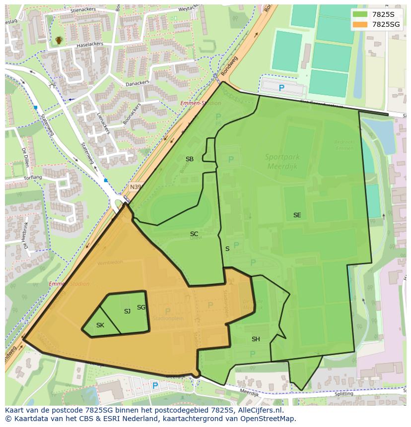 Afbeelding van het postcodegebied 7825 SG op de kaart.