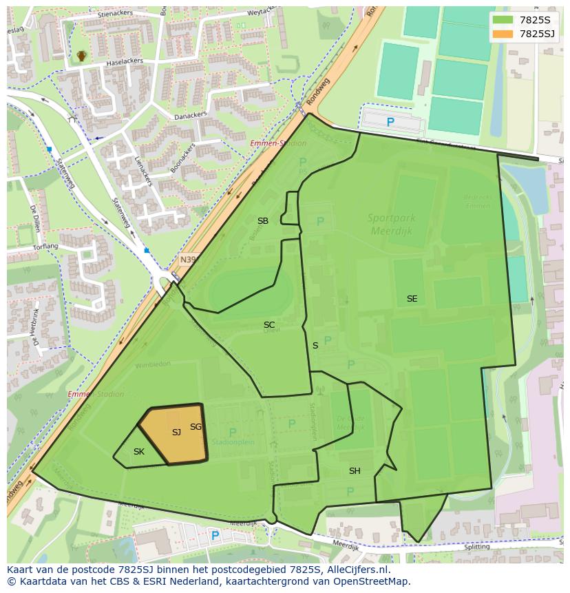 Afbeelding van het postcodegebied 7825 SJ op de kaart.