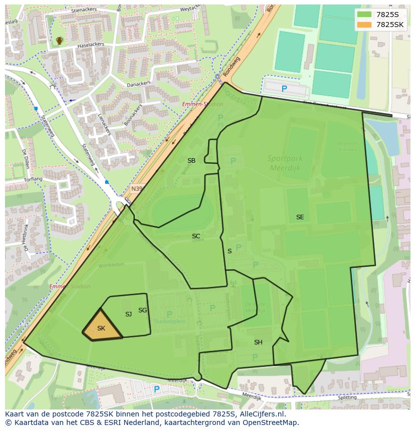 Afbeelding van het postcodegebied 7825 SK op de kaart.