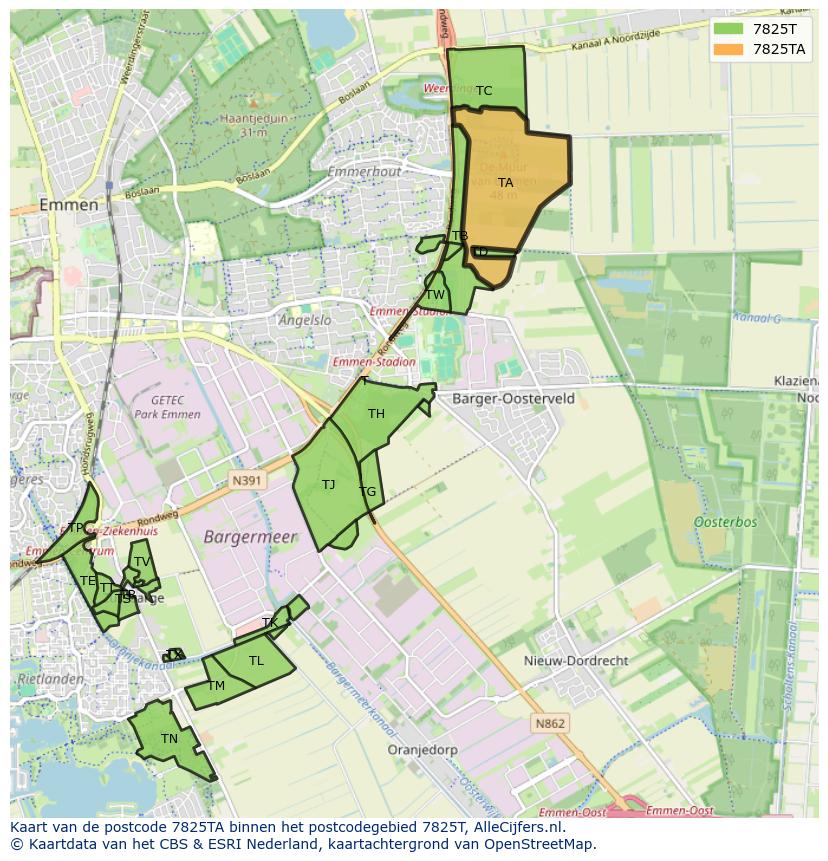 Afbeelding van het postcodegebied 7825 TA op de kaart.