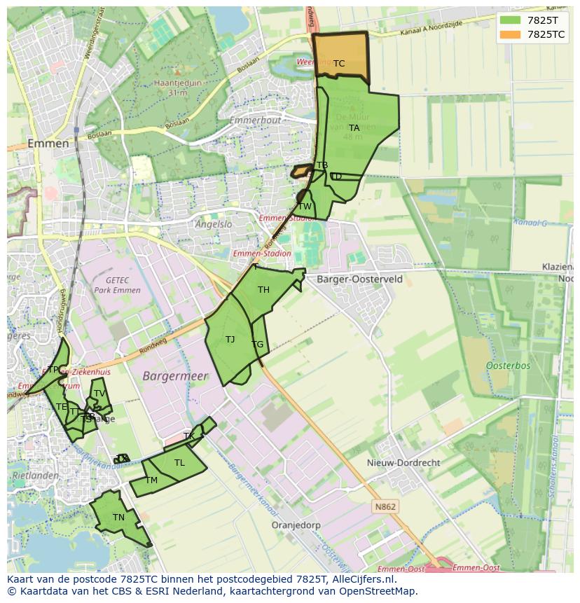 Afbeelding van het postcodegebied 7825 TC op de kaart.
