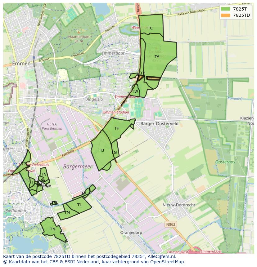 Afbeelding van het postcodegebied 7825 TD op de kaart.