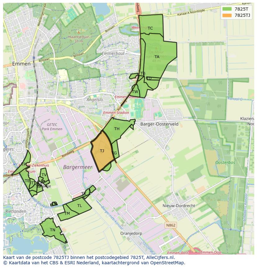 Afbeelding van het postcodegebied 7825 TJ op de kaart.