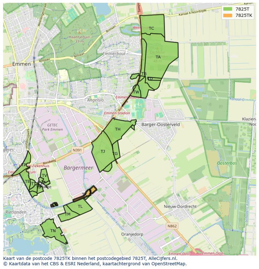 Afbeelding van het postcodegebied 7825 TK op de kaart.