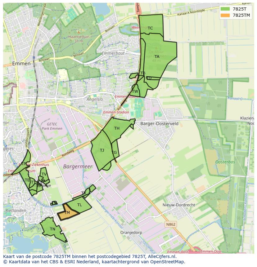 Afbeelding van het postcodegebied 7825 TM op de kaart.