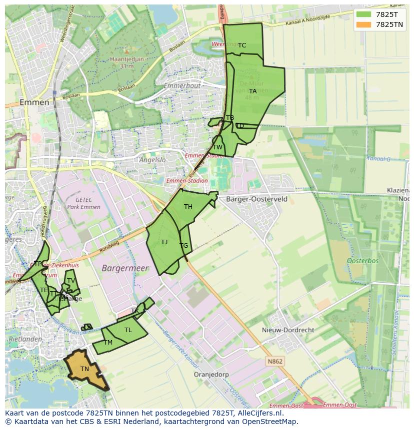 Afbeelding van het postcodegebied 7825 TN op de kaart.