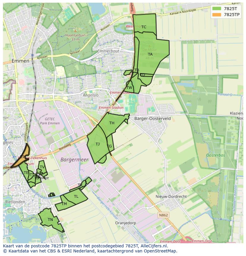 Afbeelding van het postcodegebied 7825 TP op de kaart.