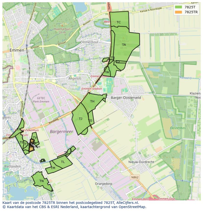 Afbeelding van het postcodegebied 7825 TR op de kaart.