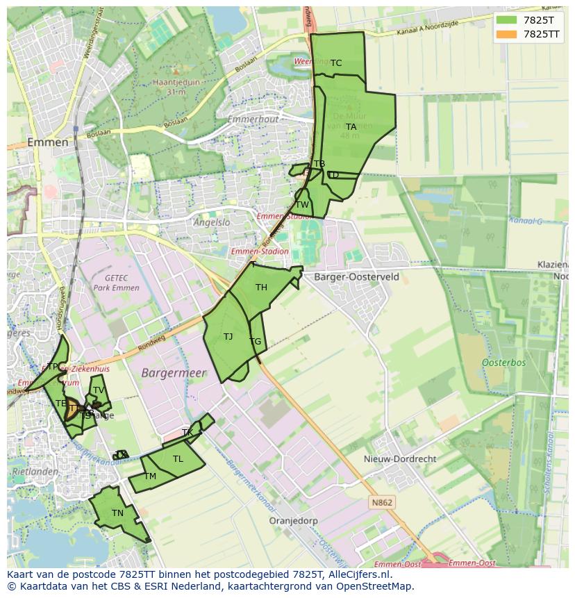 Afbeelding van het postcodegebied 7825 TT op de kaart.