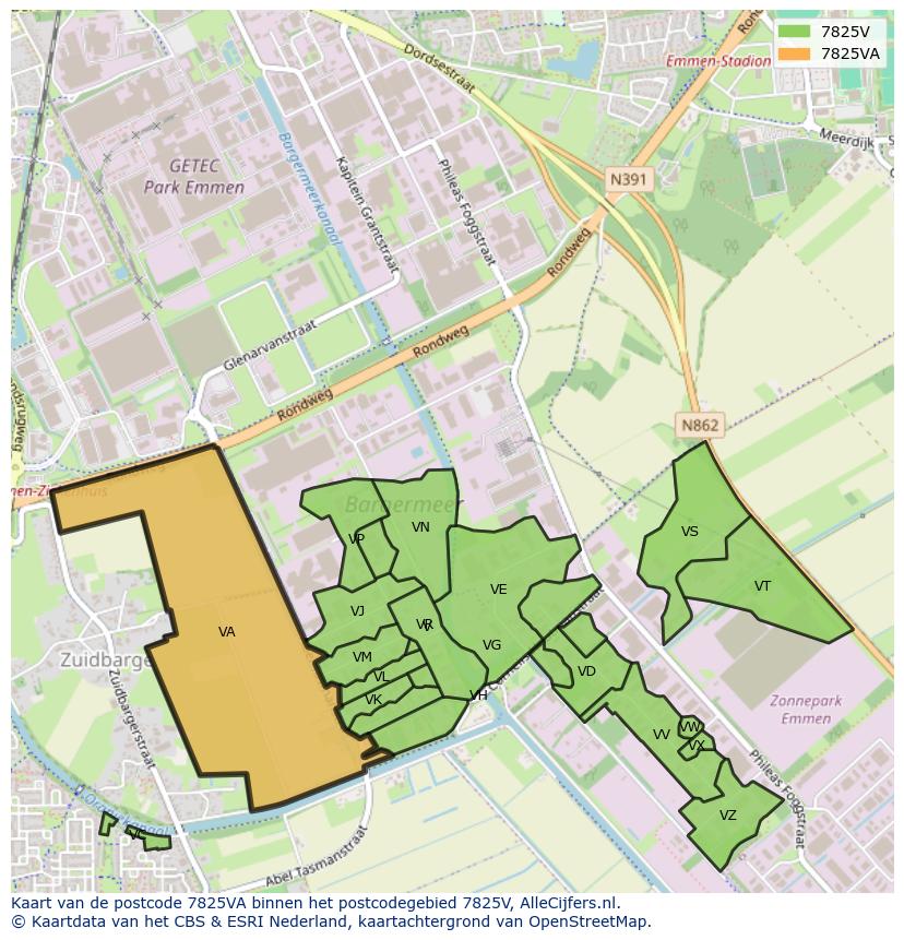 Afbeelding van het postcodegebied 7825 VA op de kaart.