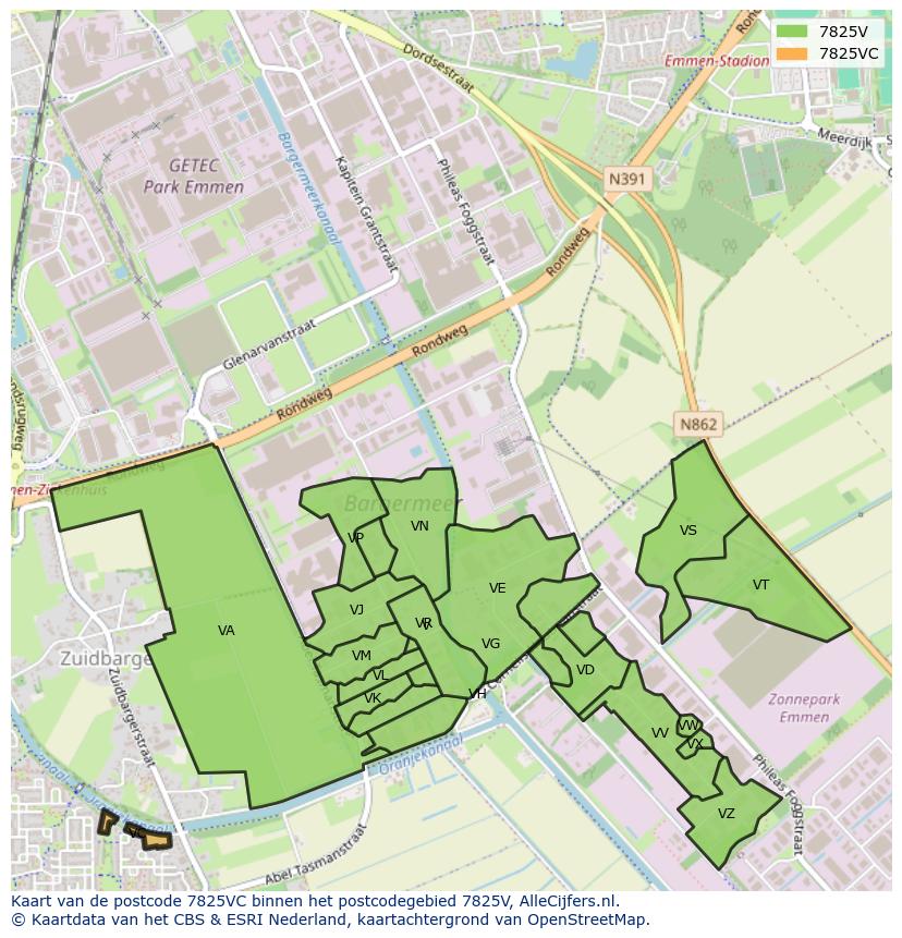 Afbeelding van het postcodegebied 7825 VC op de kaart.