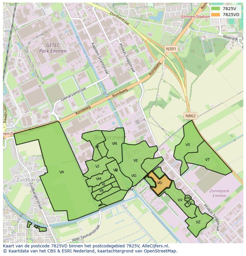 Afbeelding van het postcodegebied 7825 VD op de kaart.
