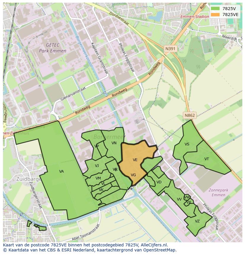 Afbeelding van het postcodegebied 7825 VE op de kaart.