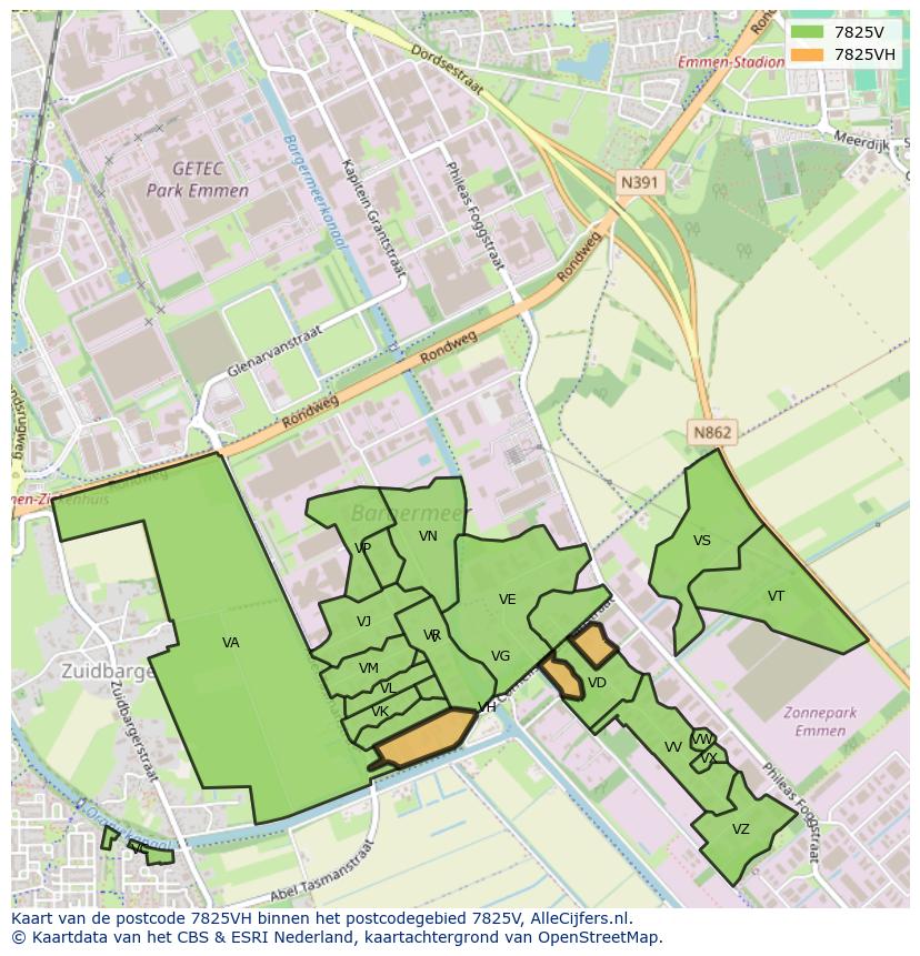 Afbeelding van het postcodegebied 7825 VH op de kaart.