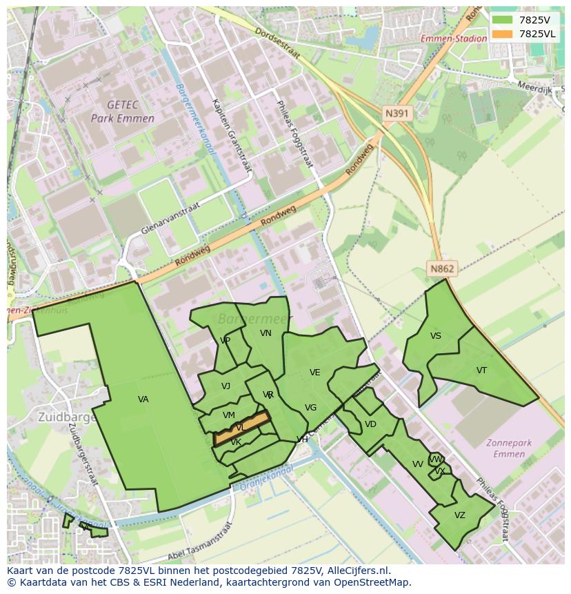 Afbeelding van het postcodegebied 7825 VL op de kaart.