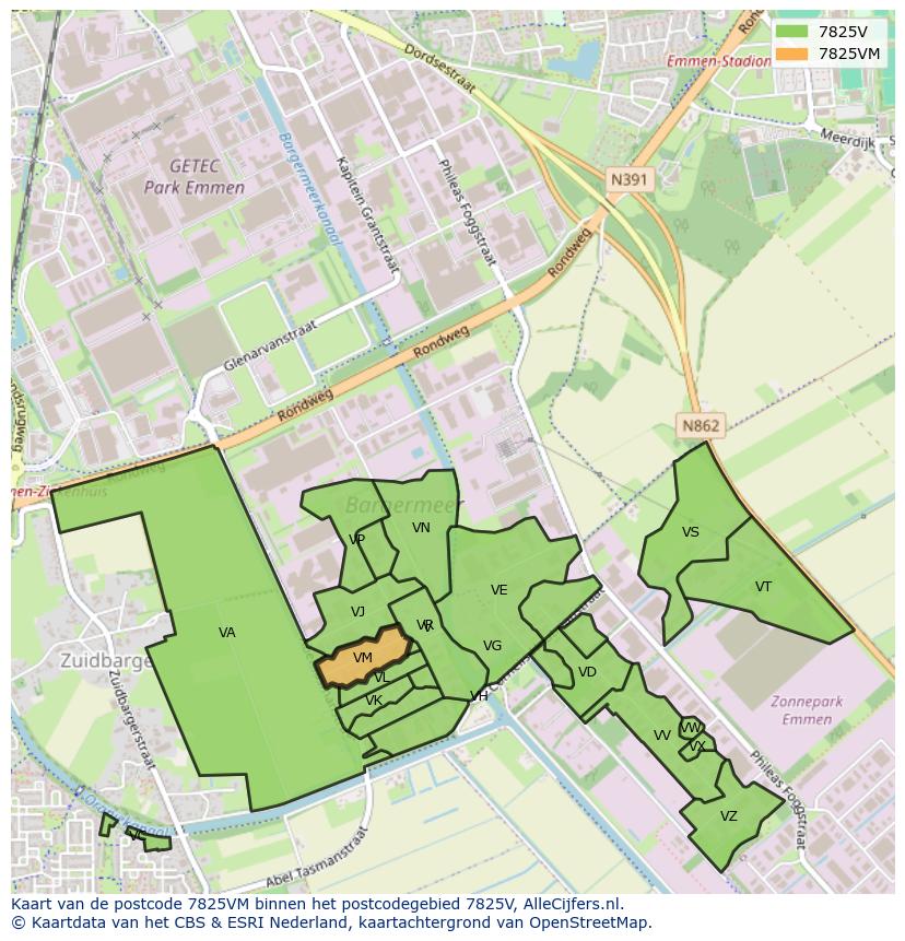 Afbeelding van het postcodegebied 7825 VM op de kaart.