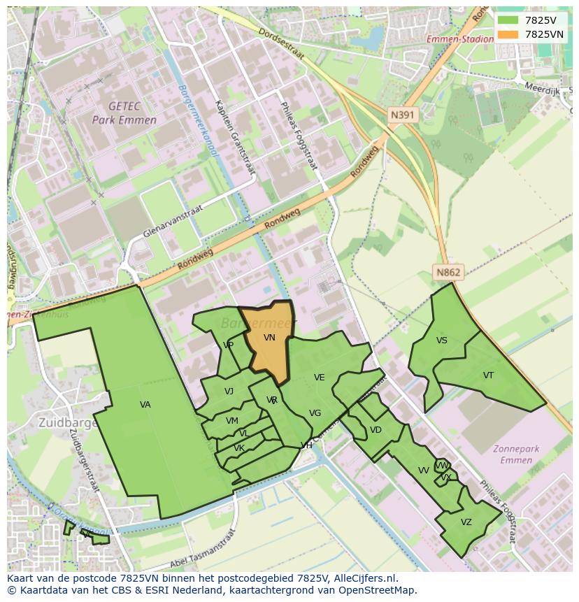 Afbeelding van het postcodegebied 7825 VN op de kaart.