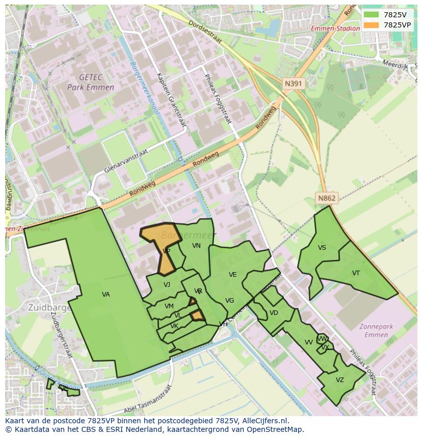 Afbeelding van het postcodegebied 7825 VP op de kaart.