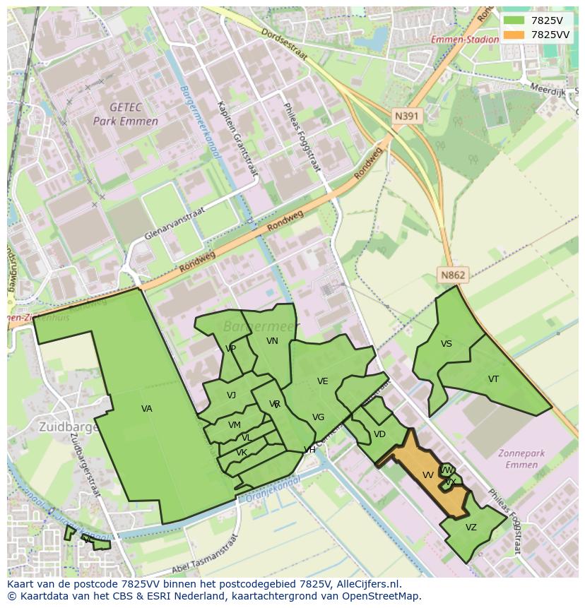 Afbeelding van het postcodegebied 7825 VV op de kaart.