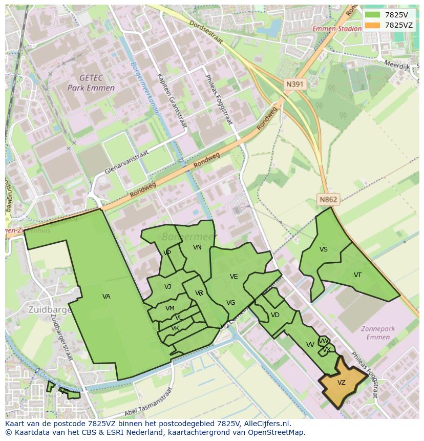 Afbeelding van het postcodegebied 7825 VZ op de kaart.