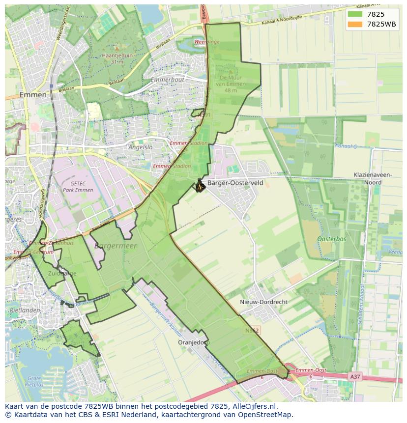 Afbeelding van het postcodegebied 7825 WB op de kaart.