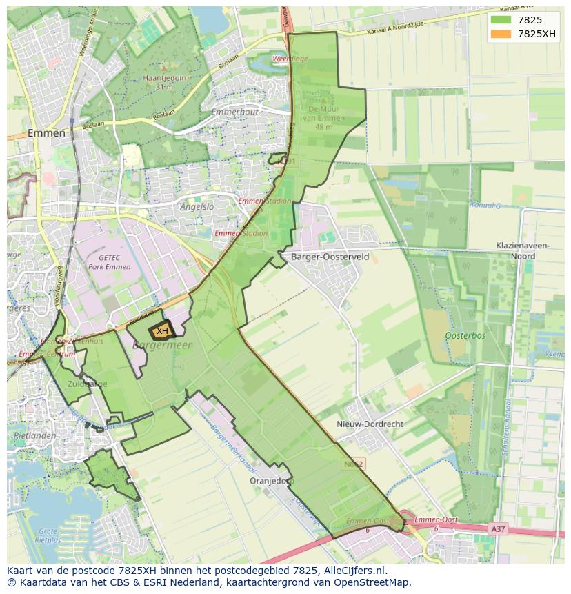 Afbeelding van het postcodegebied 7825 XH op de kaart.