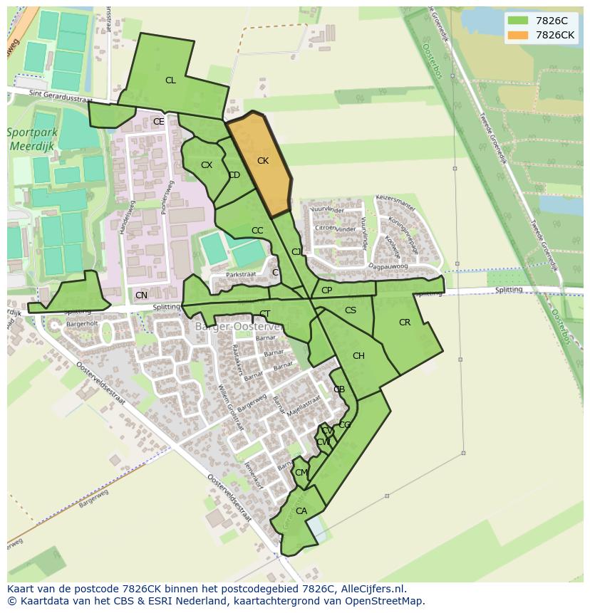 Afbeelding van het postcodegebied 7826 CK op de kaart.