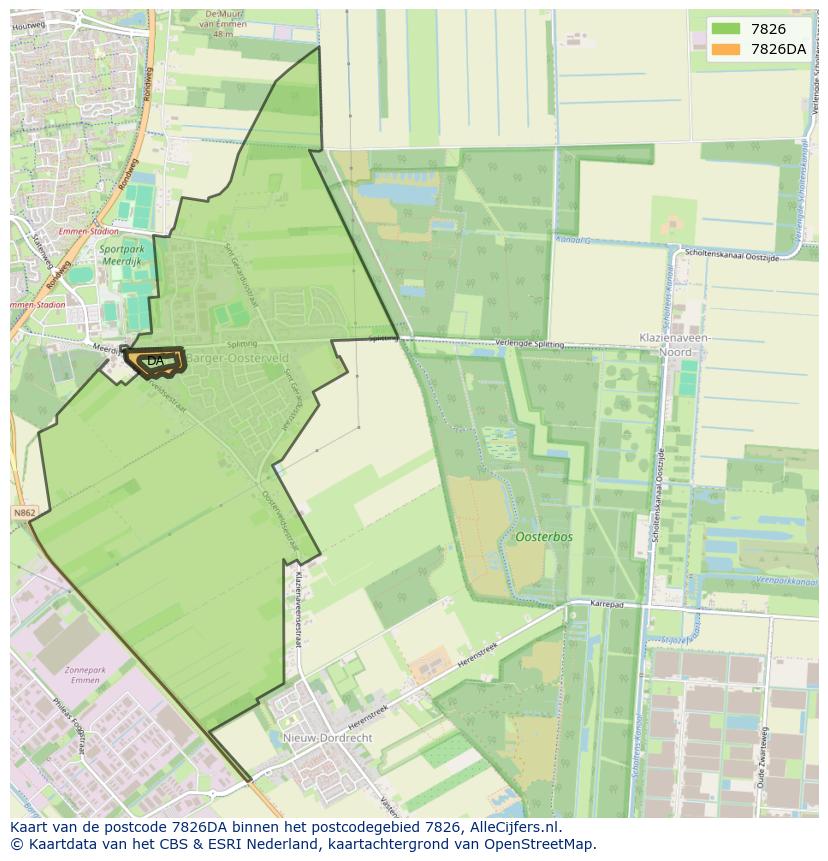 Afbeelding van het postcodegebied 7826 DA op de kaart.