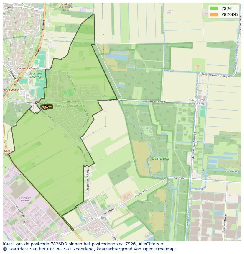 Afbeelding van het postcodegebied 7826 DB op de kaart.