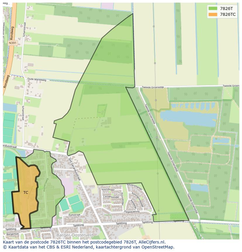 Afbeelding van het postcodegebied 7826 TC op de kaart.