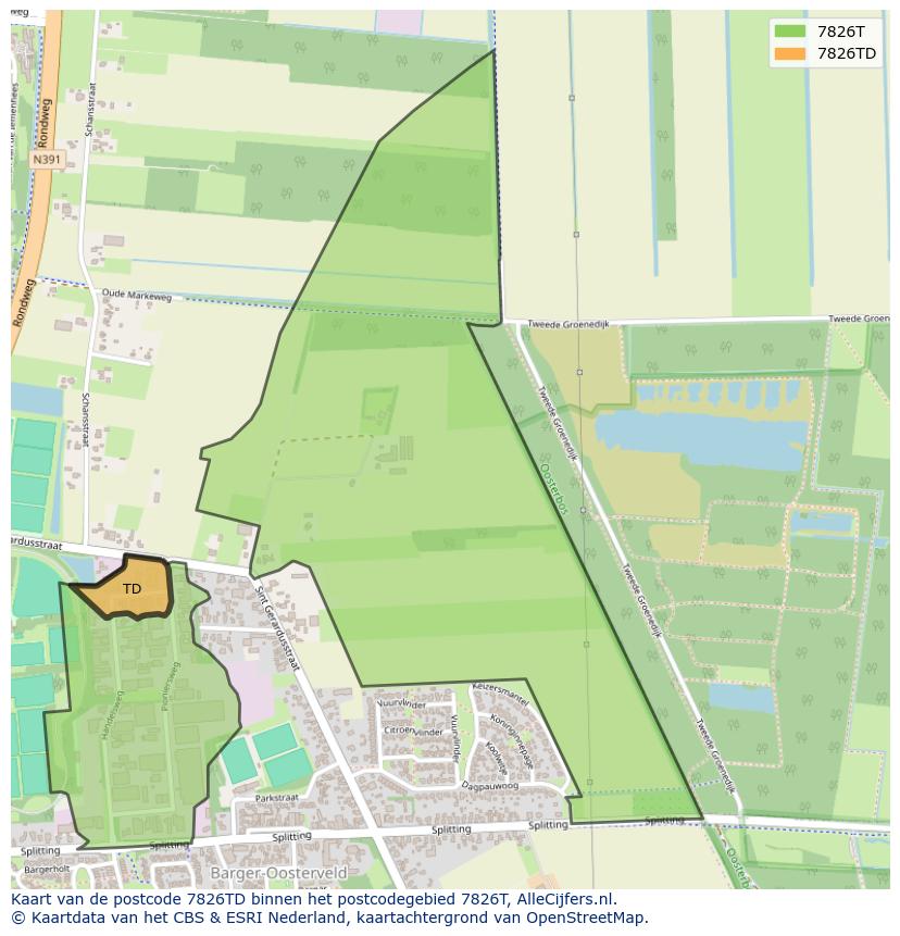Afbeelding van het postcodegebied 7826 TD op de kaart.