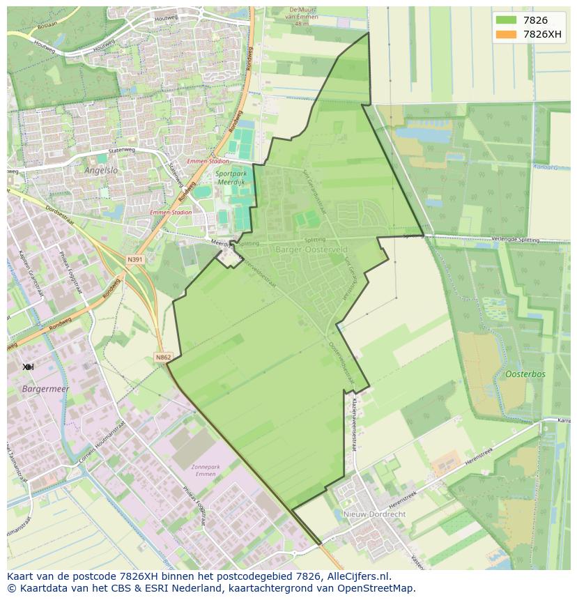 Afbeelding van het postcodegebied 7826 XH op de kaart.