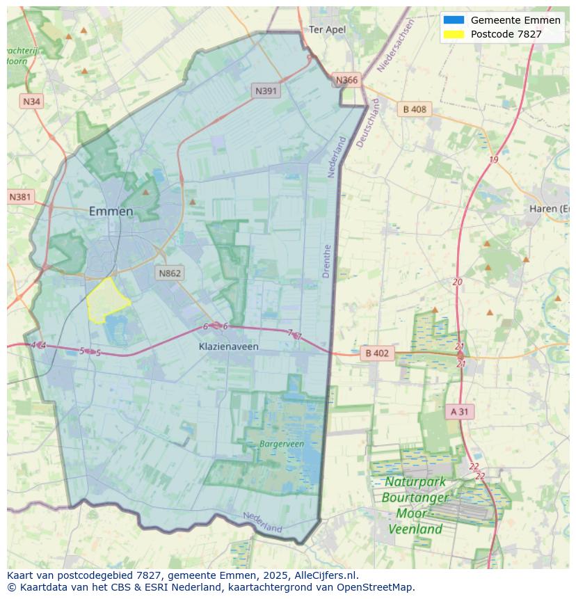 Afbeelding van het postcodegebied 7827 op de kaart.