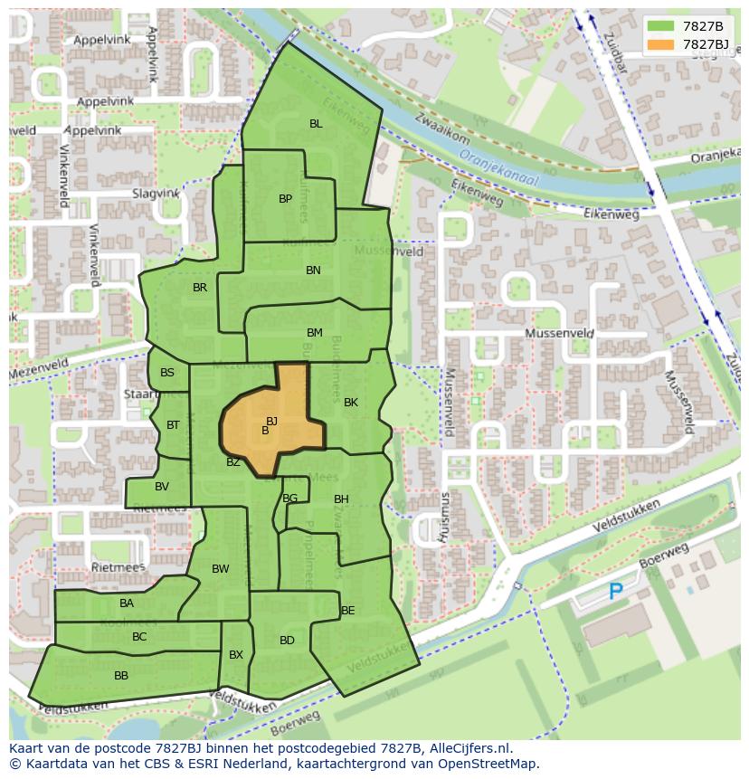 Afbeelding van het postcodegebied 7827 BJ op de kaart.