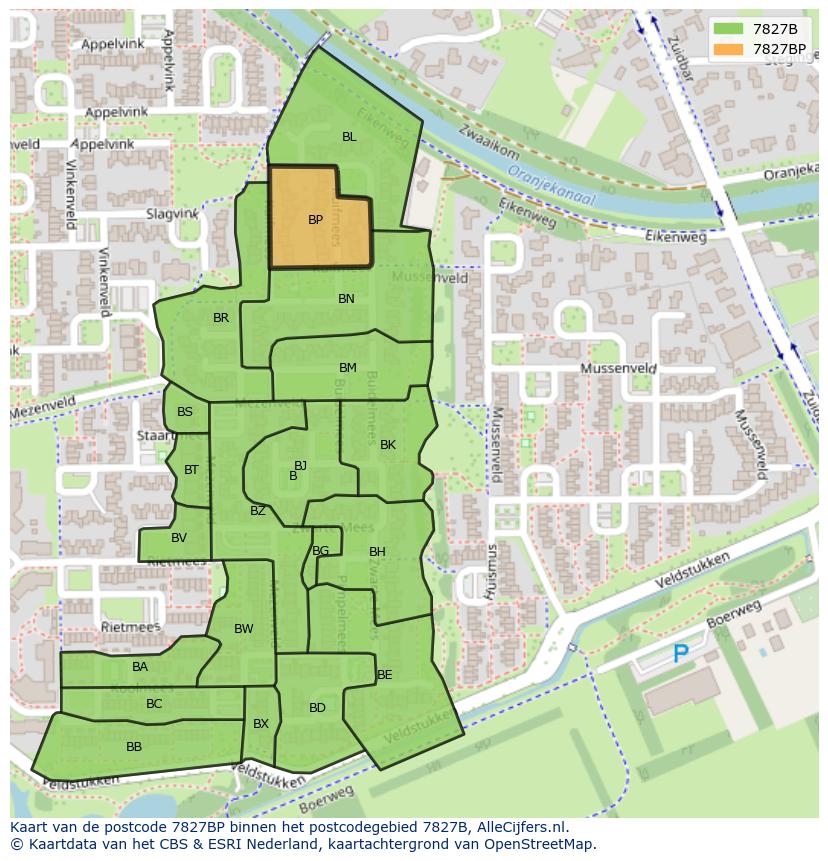 Afbeelding van het postcodegebied 7827 BP op de kaart.